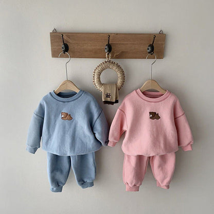 MyKids-USA® Baby Cartoon Bear Patched Graphic Hoodies Combo Solid Trousers Casual Sets