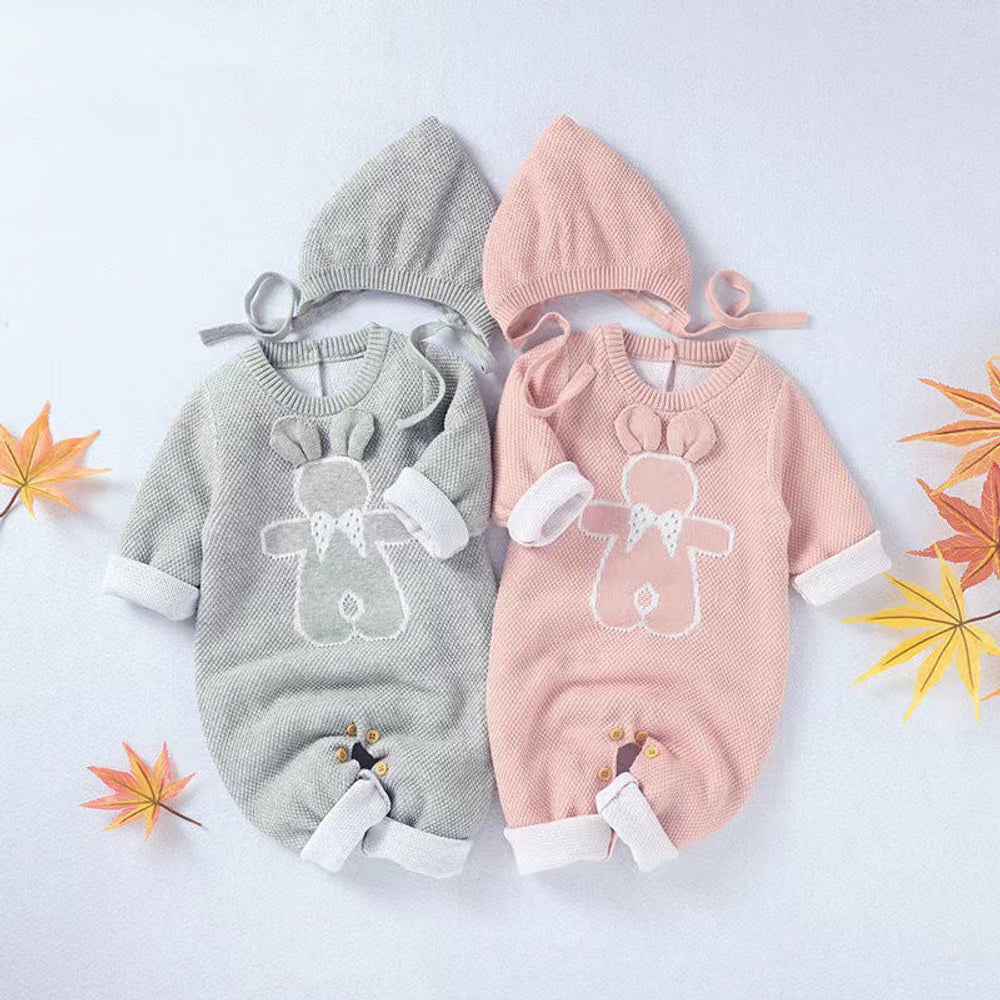 MyKids-USA® Baby Cartoon Bunny Embroidered Graphic Solid Warm Rompers With Hat