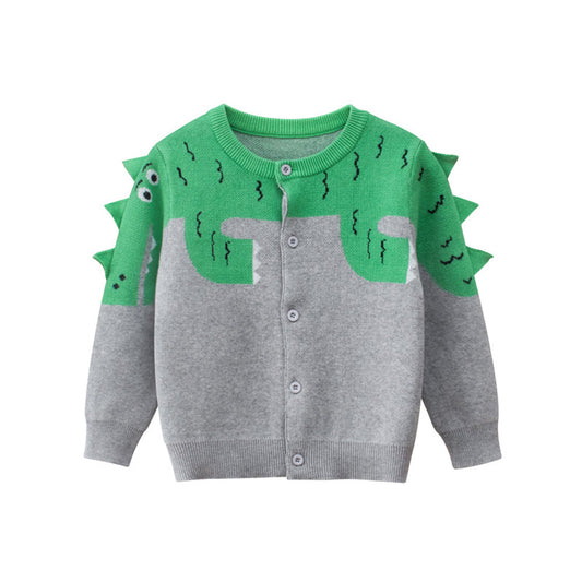 MyKids-USA® Boys Dinosaur Pattern Round Collar Long-Sleeved Sweater Cardigan