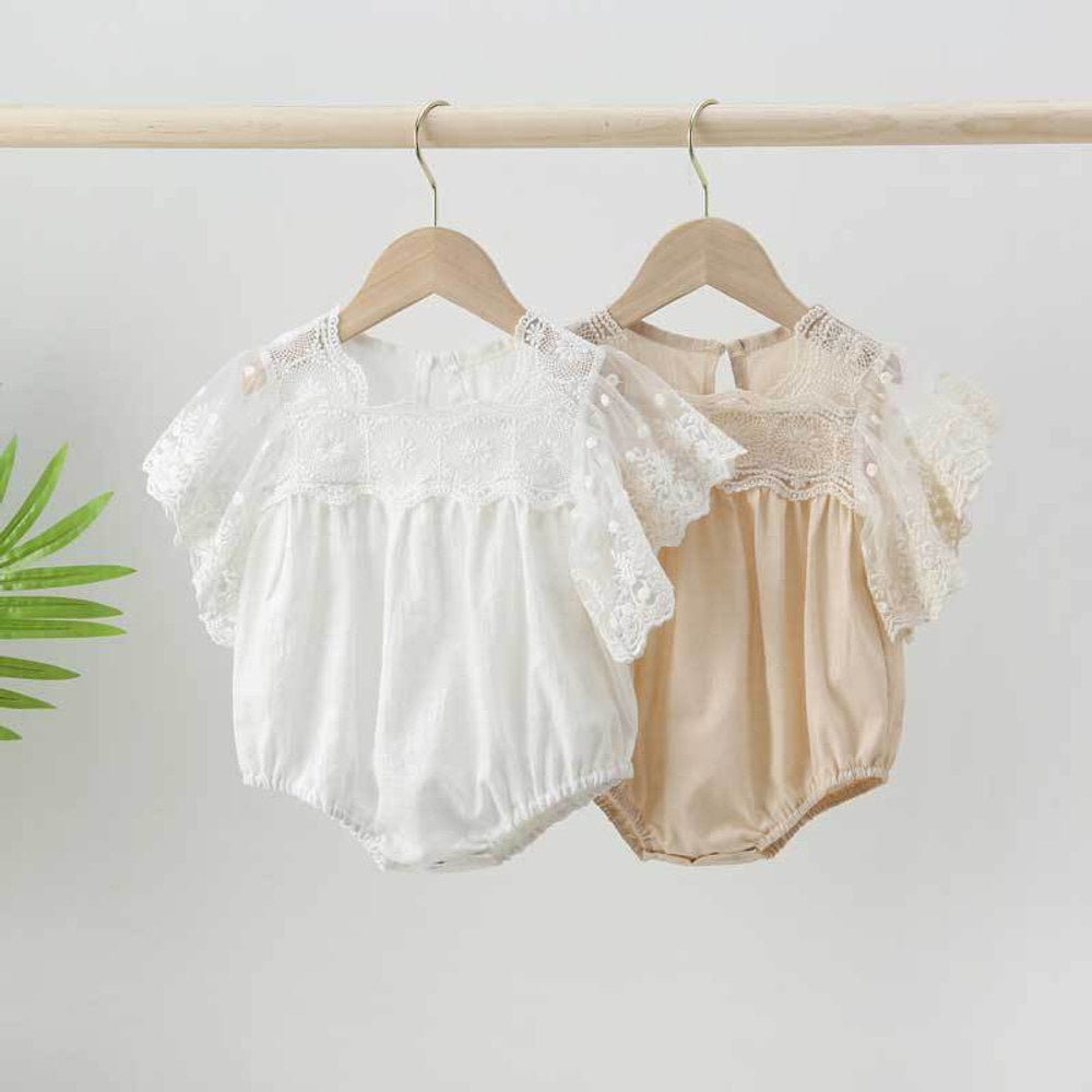MyKids-USA® Baby Girl Lace-Sleeved Combo Lace-Collared Solid bodysuit