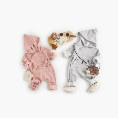 MyKids-USA® Baby Cartoon Embroidered Pattern Side Snap Button Fleece Rompers With Hat