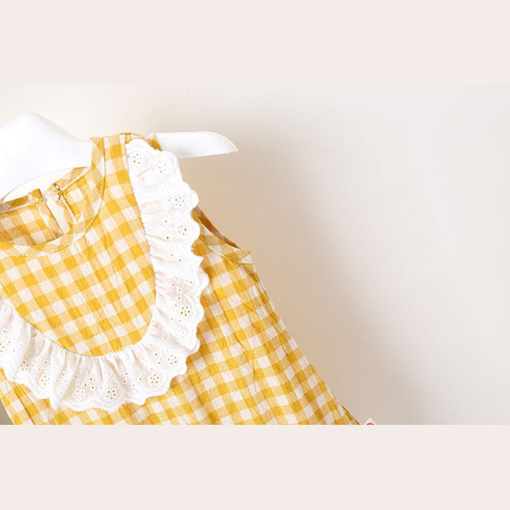 MyKids-USA® Baby Girl Grid Pattern Ruffles Collar Sleeveless Romper