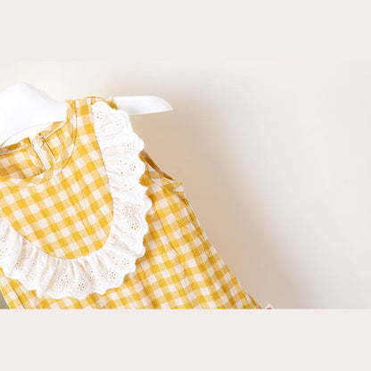 MyKids-USA® Baby Girl Grid Pattern Ruffles Collar Sleeveless Romper