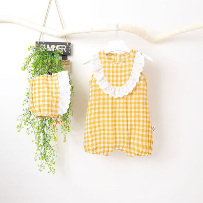 MyKids-USA® Baby Girl Grid Pattern Ruffles Collar Sleeveless Romper