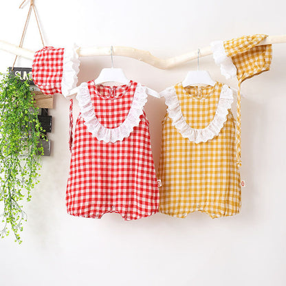 MyKids-USA® Baby Girl Grid Pattern Ruffles Collar Sleeveless Romper
