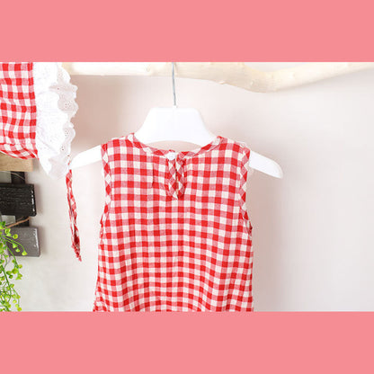 MyKids-USA® Baby Girl Grid Pattern Ruffles Collar Sleeveless Romper
