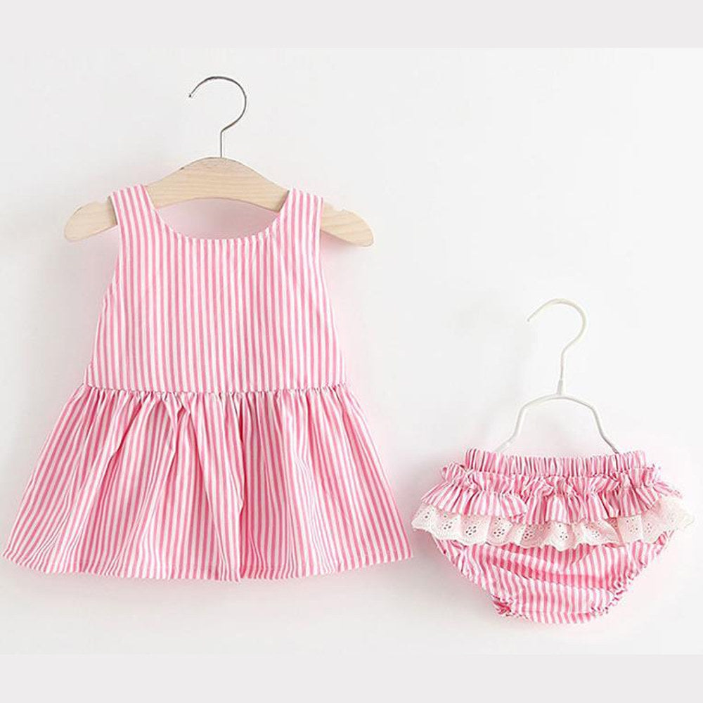 MyKids-USA® Baby Girl Striped Pattern Dress Combo Short Pants In Sets