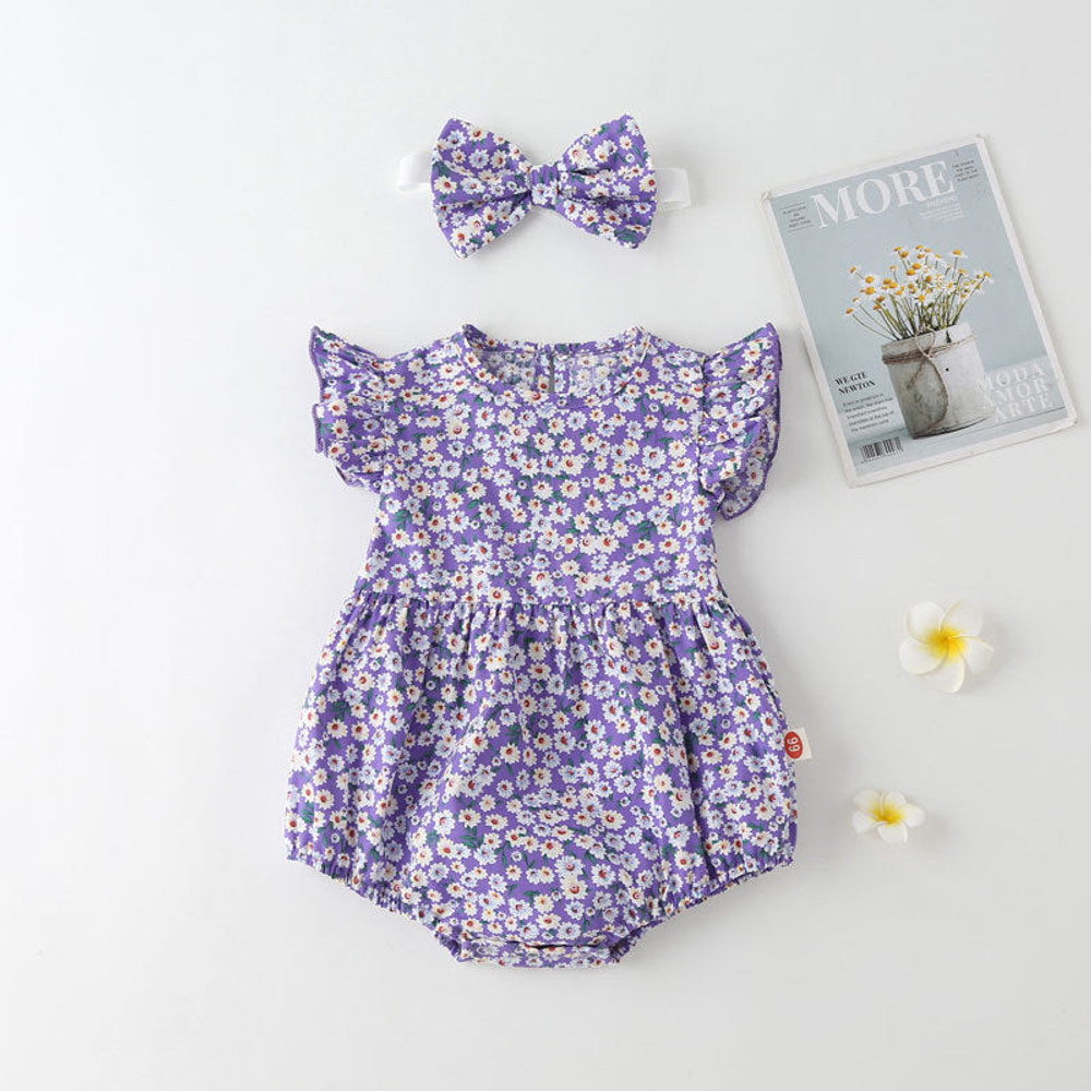 MyKids-USA® Baby Girl Floral Print bodysuit With Headband In Outfit Wearing
