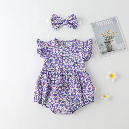 MyKids-USA® Baby Girl Floral Print bodysuit With Headband In Outfit Wearing