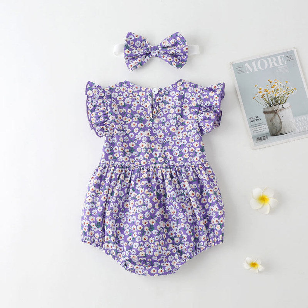 MyKids-USA® Baby Girl Floral Print bodysuit With Headband In Outfit Wearing