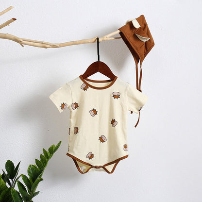 MyKids-USA® Baby Girl Cartoon Sheep Round-Collar Short-Sleeved bodysuit Combo Hat In Summer