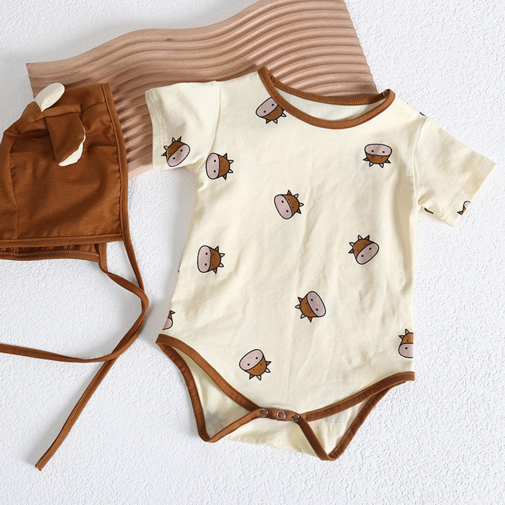 MyKids-USA® Baby Girl Cartoon Sheep Round-Collar Short-Sleeved bodysuit Combo Hat In Summer