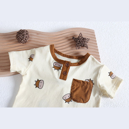MyKids-USA® Baby Girl Cartoon Sheep Round-Collar Short-Sleeved bodysuit Combo Hat In Summer
