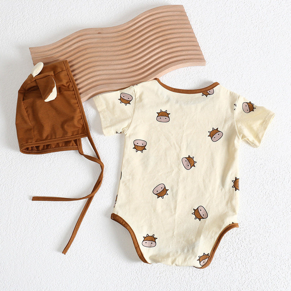 MyKids-USA® Baby Girl Cartoon Sheep Round-Collar Short-Sleeved bodysuit Combo Hat In Summer