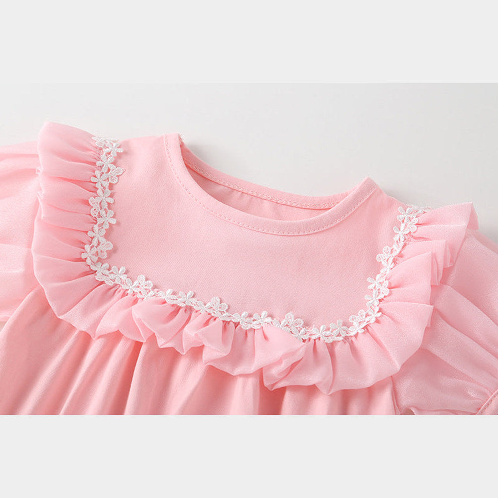 MyKids-USA® Baby Girl Round Collar Short-Sleeved Small Daisy Pattern Flounce Design Embroidered bodysuit