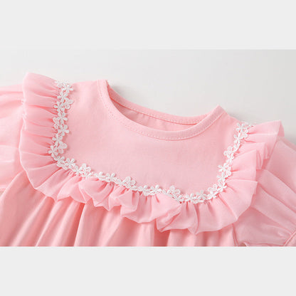 MyKids-USA® Baby Girl Round Collar Short-Sleeved Small Daisy Pattern Flounce Design Embroidered bodysuit