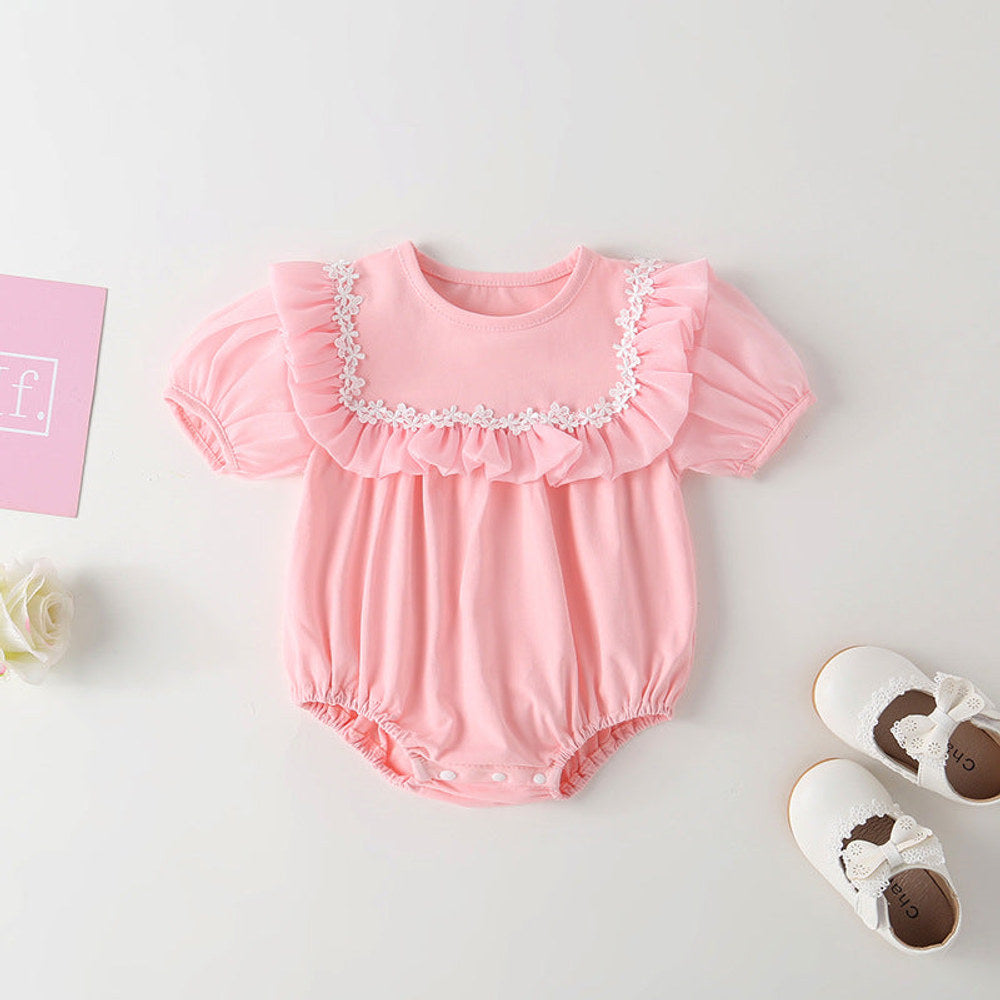 MyKids-USA® Baby Girl Round Collar Short-Sleeved Small Daisy Pattern Flounce Design Embroidered bodysuit