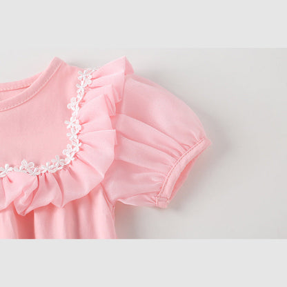 MyKids-USA® Baby Girl Round Collar Short-Sleeved Small Daisy Pattern Flounce Design Embroidered bodysuit