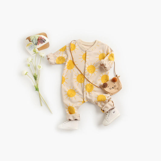 Baby Cartoon Sun Pattern Snap Button Long Sleeved Romper In Spring & Autumn