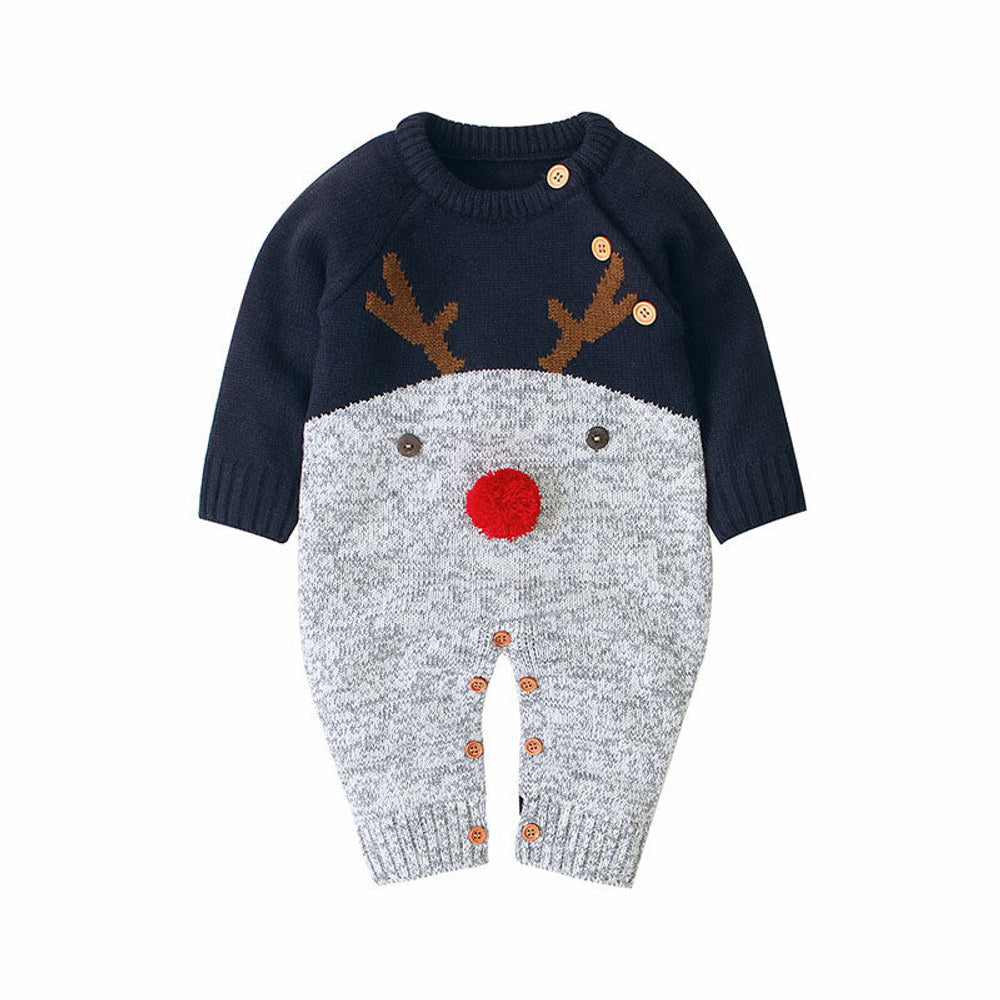 MyKids-USA® Baby Cartton Pattern Contrast Design Side Button Christmas Knitted Romper
