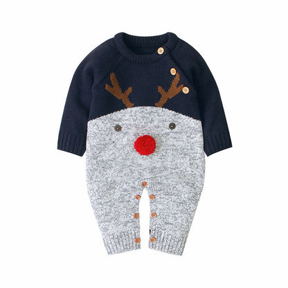 MyKids-USA® Baby Cartton Pattern Contrast Design Side Button Christmas Knitted Romper