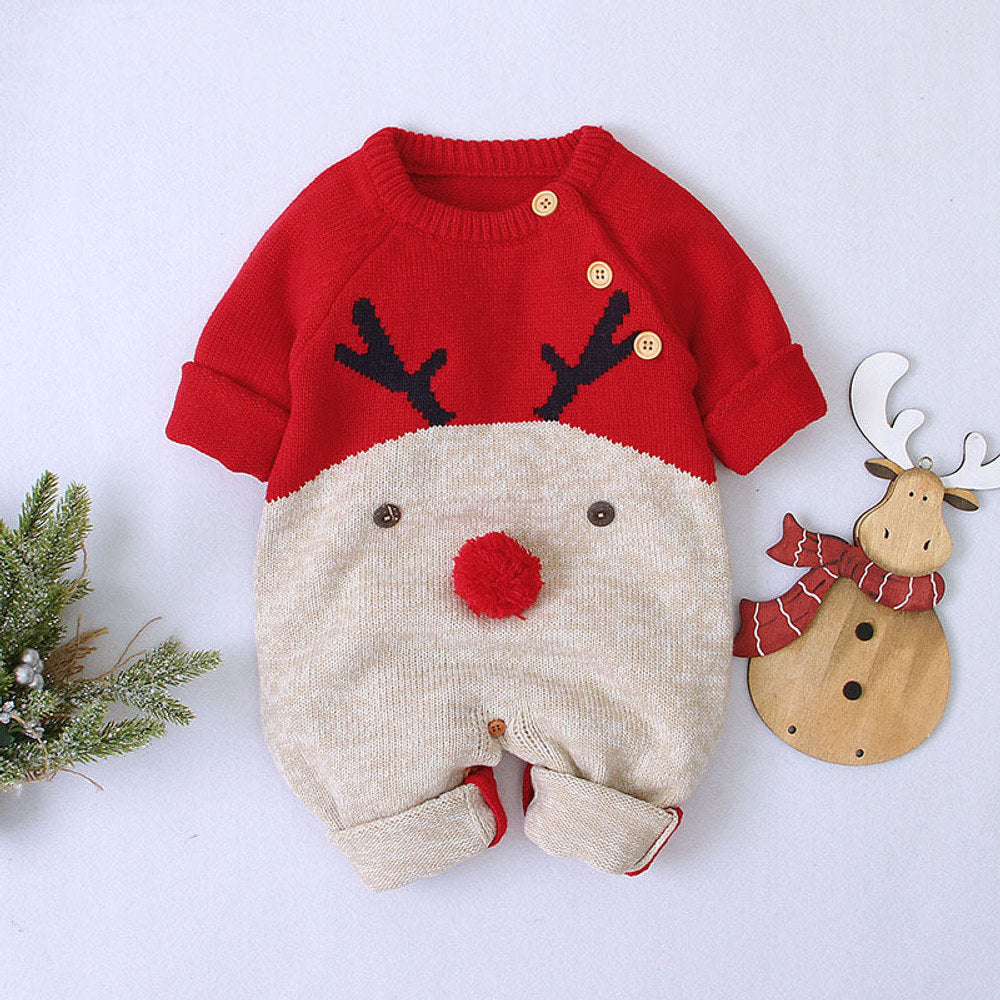 MyKids-USA® Baby Cartton Pattern Contrast Design Side Button Christmas Knitted Romper
