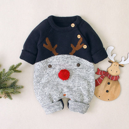 MyKids-USA® Baby Cartton Pattern Contrast Design Side Button Christmas Knitted Romper