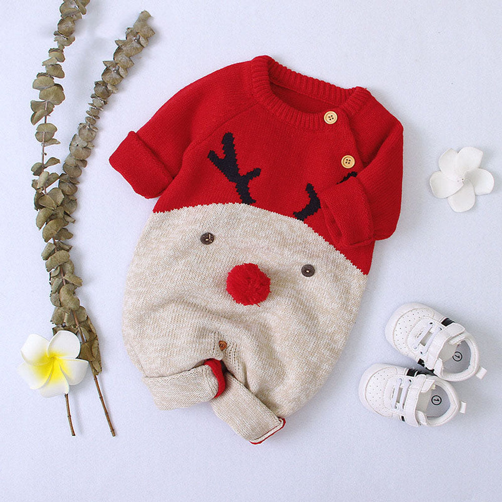 MyKids-USA® Baby Cartton Pattern Contrast Design Side Button Christmas Knitted Romper