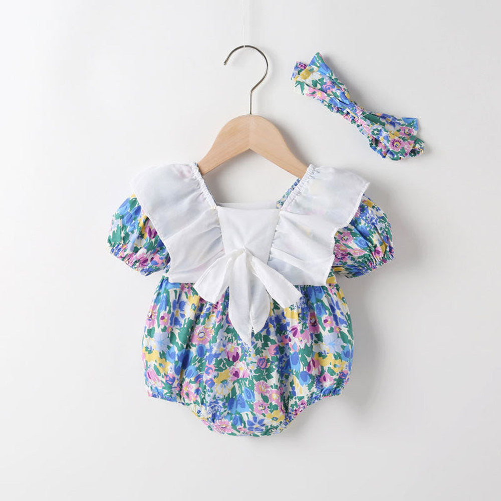 MyKids-USA® Baby Girl Floral Pattern White Bow Patchwork Square Neck Short Sleeve bodysuit