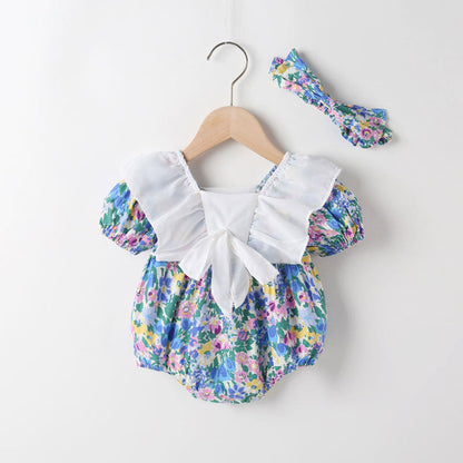 MyKids-USA® Baby Girl Floral Pattern White Bow Patchwork Square Neck Short Sleeve bodysuit