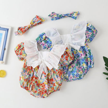 MyKids-USA® Baby Girl Floral Pattern White Bow Patchwork Square Neck Short Sleeve bodysuit