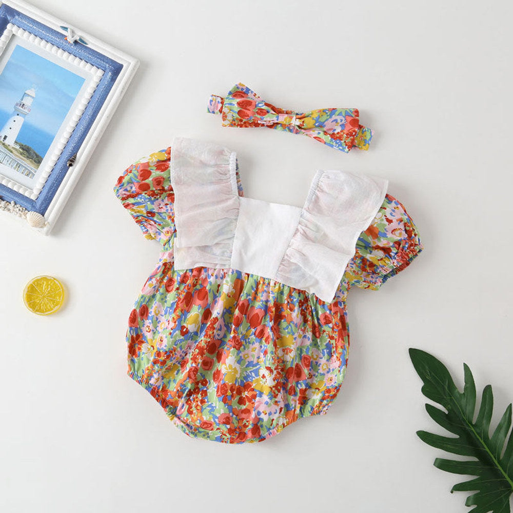 MyKids-USA® Baby Girl Floral Pattern White Bow Patchwork Square Neck Short Sleeve bodysuit