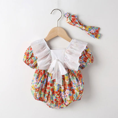 MyKids-USA® Baby Girl Floral Pattern White Bow Patchwork Square Neck Short Sleeve bodysuit