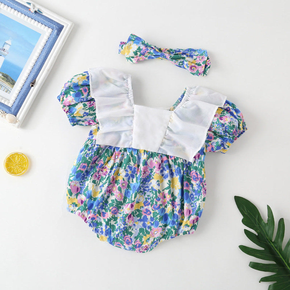 MyKids-USA® Baby Girl Floral Pattern White Bow Patchwork Square Neck Short Sleeve bodysuit