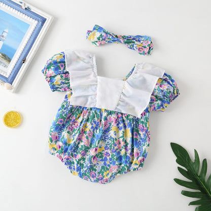MyKids-USA® Baby Girl Floral Pattern White Bow Patchwork Square Neck Short Sleeve bodysuit