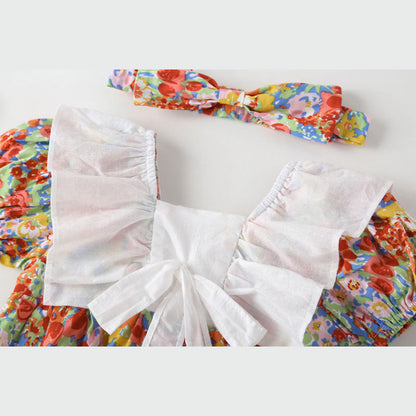 MyKids-USA® Baby Girl Floral Pattern White Bow Patchwork Square Neck Short Sleeve bodysuit