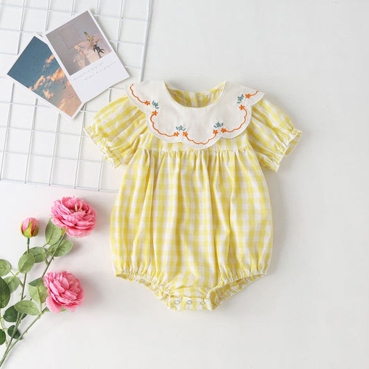 MyKids-USA® Baby Girl Plaid Pattern Floral Embroidery Round Collar Short-Sleeved bodysuit