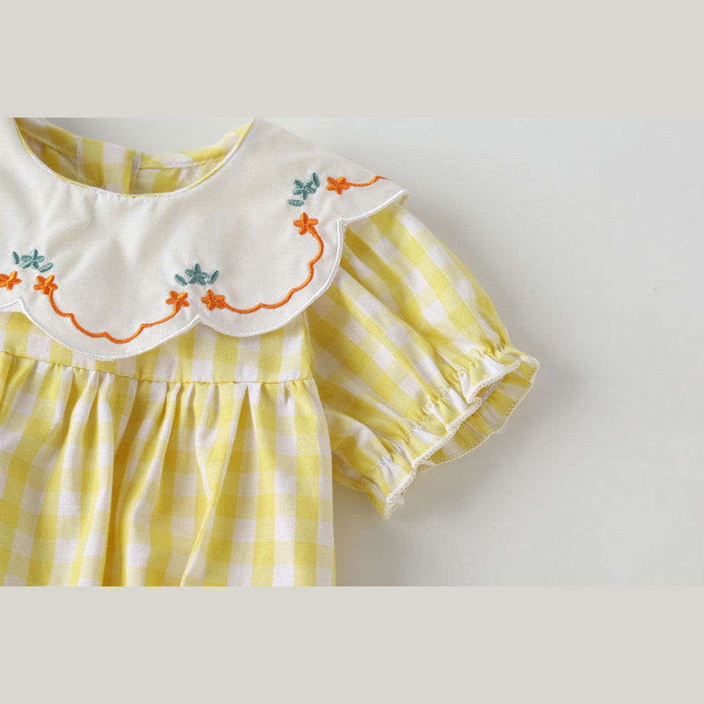 MyKids-USA® Baby Girl Plaid Pattern Floral Embroidery Round Collar Short-Sleeved bodysuit