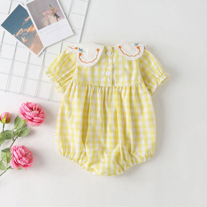MyKids-USA® Baby Girl Plaid Pattern Floral Embroidery Round Collar Short-Sleeved bodysuit