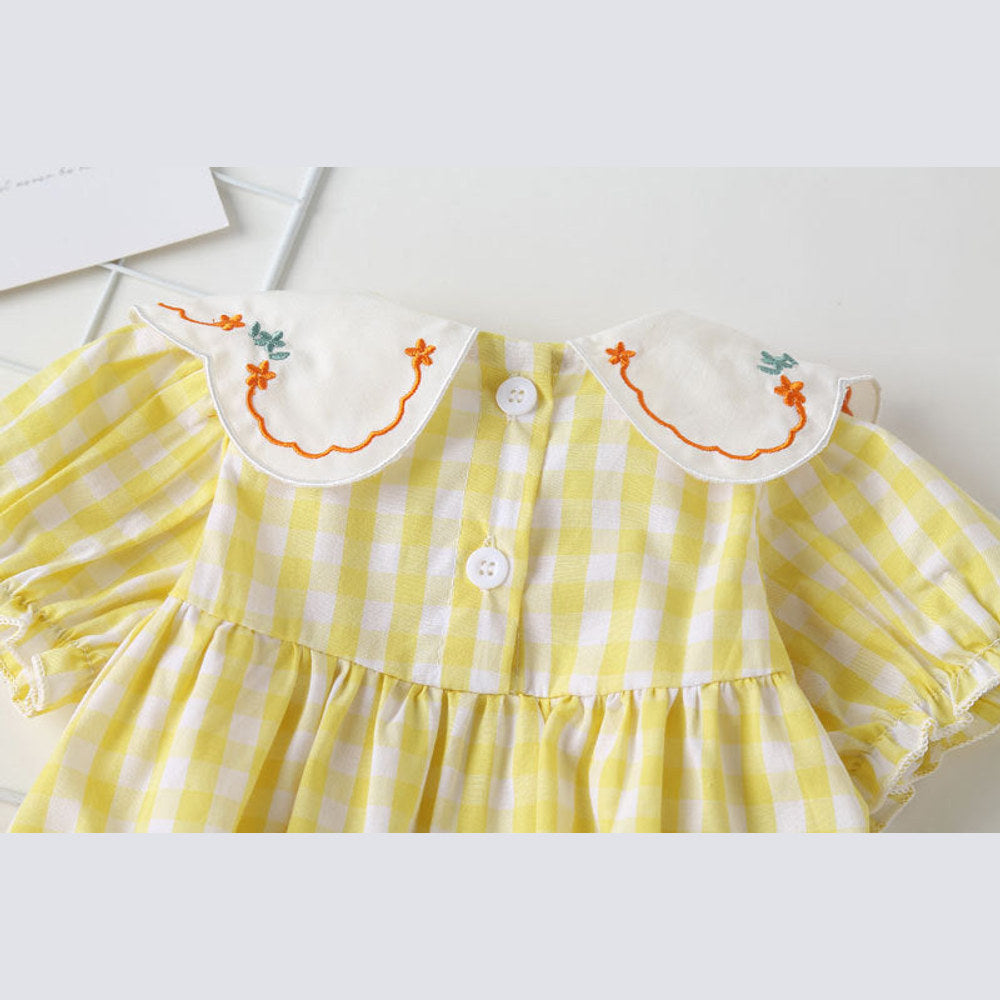 MyKids-USA® Baby Girl Plaid Pattern Floral Embroidery Round Collar Short-Sleeved bodysuit