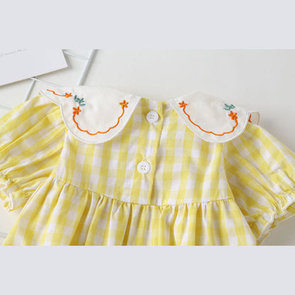 MyKids-USA® Baby Girl Plaid Pattern Floral Embroidery Round Collar Short-Sleeved bodysuit