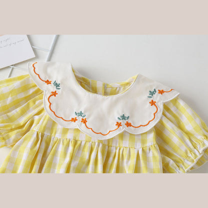 MyKids-USA® Baby Girl Plaid Pattern Floral Embroidery Round Collar Short-Sleeved bodysuit
