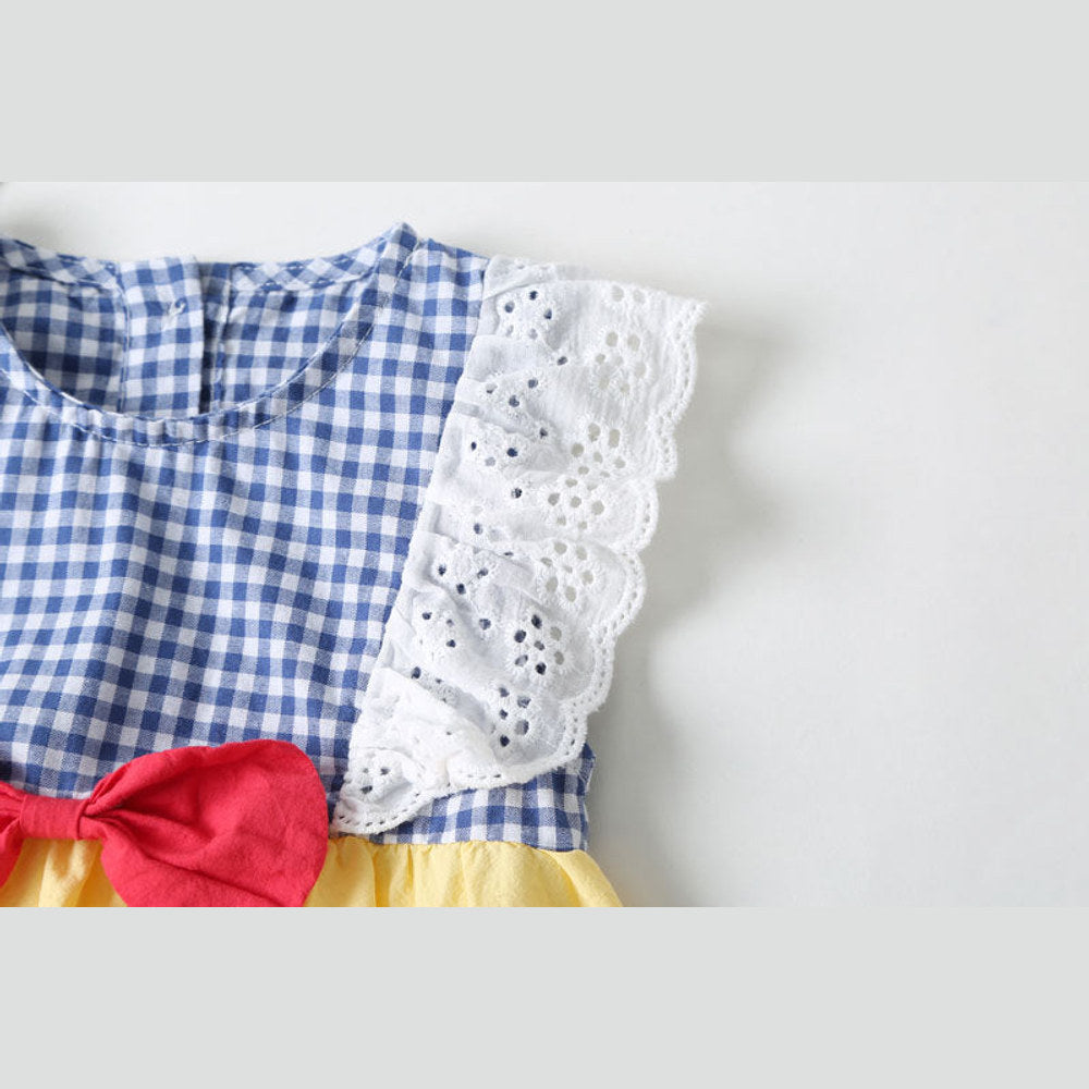 MyKids-USA® Baby Girl Plaid Pattern Lace Patchwork Bow Sleeveless Princess bodysuit
