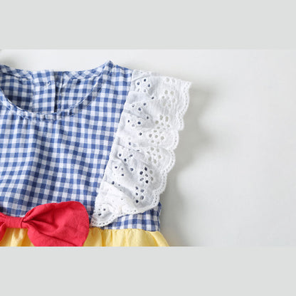 MyKids-USA® Baby Girl Plaid Pattern Lace Patchwork Bow Sleeveless Princess bodysuit