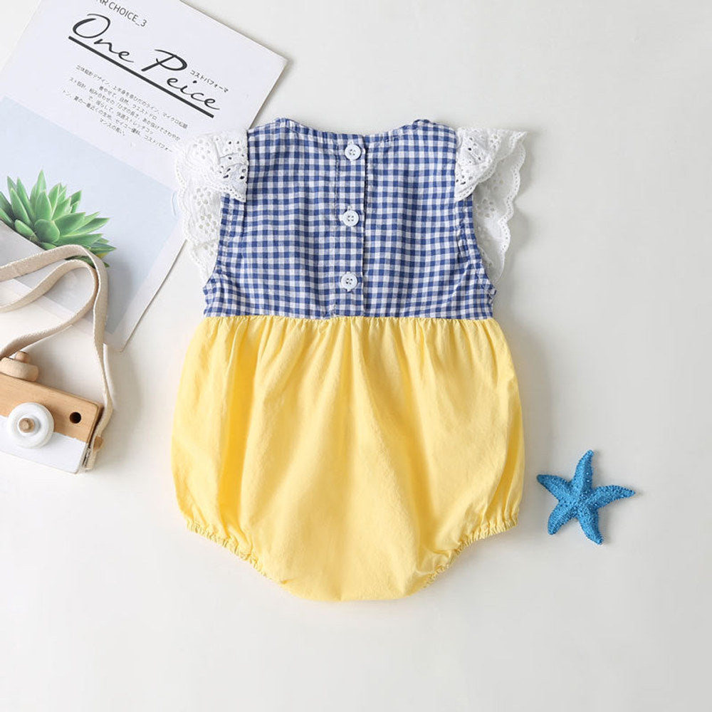 MyKids-USA® Baby Girl Plaid Pattern Lace Patchwork Bow Sleeveless Princess bodysuit