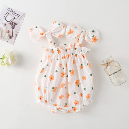 MyKids-USA® Baby Girl Floral Pattern Bow-Tie Sleeveless bodysuit In With Hat