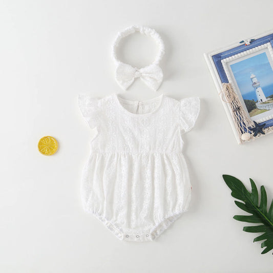 MyKids-USA® Baby Girl Floral Embroidery Pattern Solid Color Sleeveless bodysuit With Lace