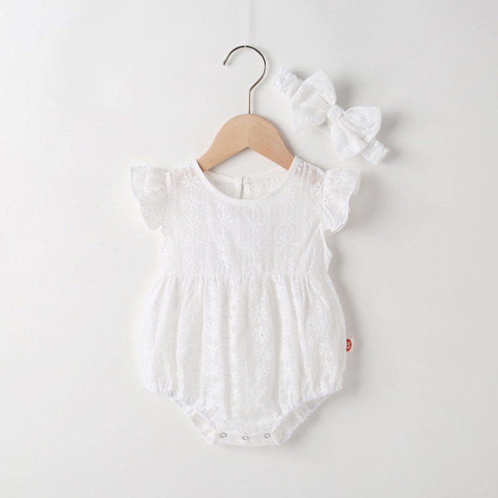 MyKids-USA® Baby Girl Floral Embroidery Pattern Solid Color Sleeveless bodysuit With Lace