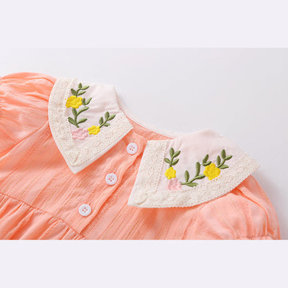MyKids-USA® Baby Girl Floral Embroidery Design Solid Color Short-Sleeved bodysuit In Outside Wearing