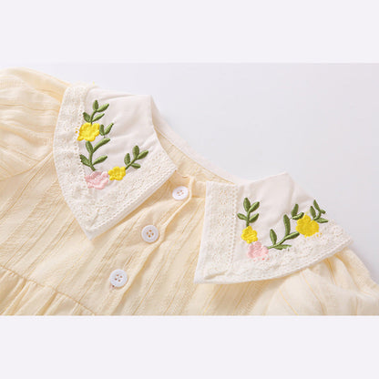 MyKids-USA® Baby Girl Floral Embroidery Design Solid Color Short-Sleeved bodysuit In Outside Wearing